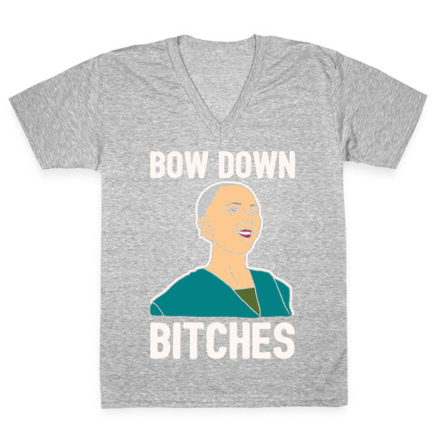 Bow Down Bitches Parody White Print V-Neck Tee Shirt
