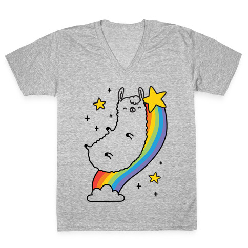 Llama On A Rainbow V-Neck Tee Shirt