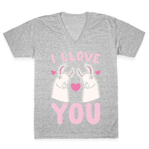 I LLove You LLama Valentine Parody White Print V-Neck Tee Shirt