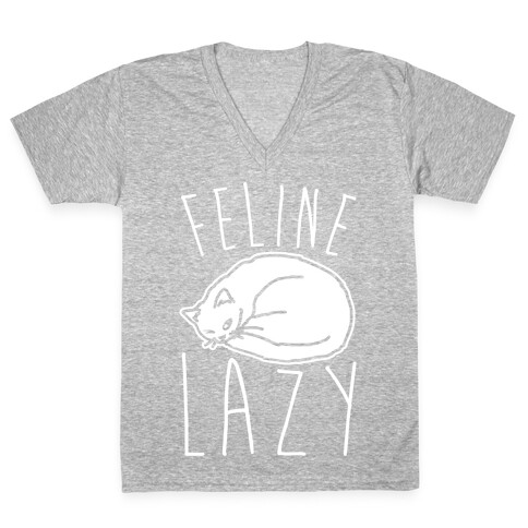 Feline Lazy White Print V-Neck Tee Shirt