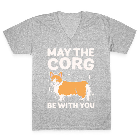 May The Corg Be With You Parody White Print V-Neck Tee Shirt