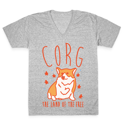 Corg The Land of The Free Corgi Parody White Print V-Neck Tee Shirt