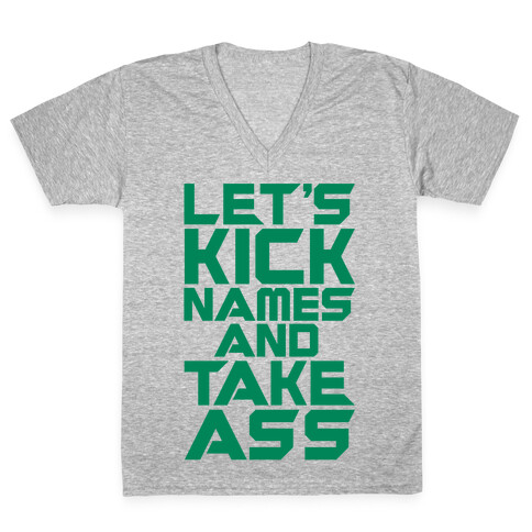 Let's Kick Names and Take Ass Parody White Print V-Neck Tee Shirt