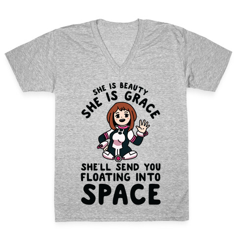 She is Beauty She is Grace, She'll Send You Floating into Space Uraraka V-Neck Tee Shirt