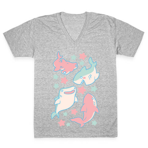 Happy Shark Pattern  V-Neck Tee Shirt