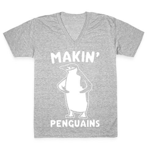 Making Penguians Parody White Print V-Neck Tee Shirt