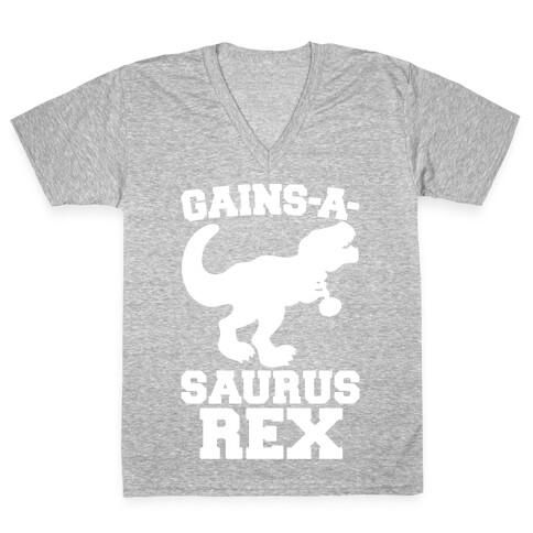 Gains-A-Saurus Rex Parody White Print V-Neck Tee Shirt