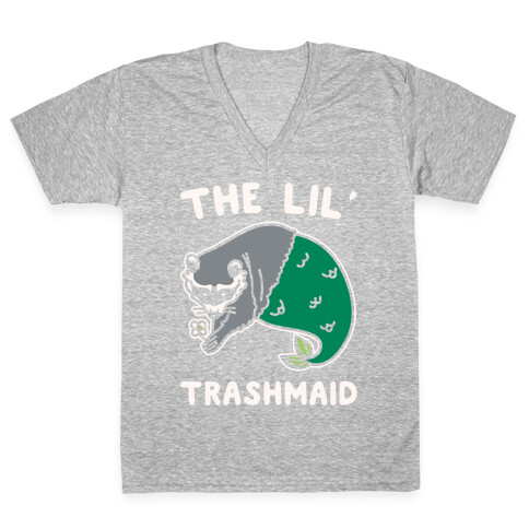 The Lil' Trashmaid Raccoon Mermaid Parody White Print V-Neck Tee Shirt