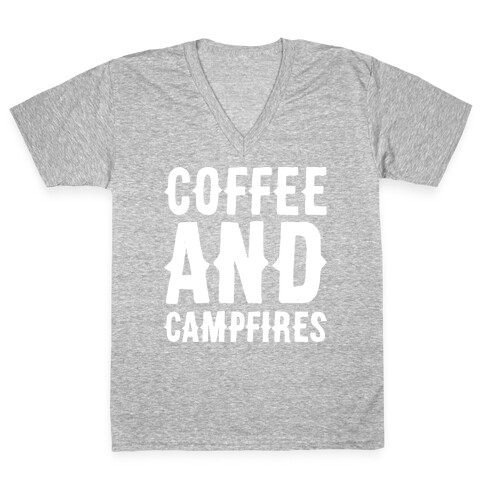 Coffee And Campfires White Print V-Neck Tee Shirt