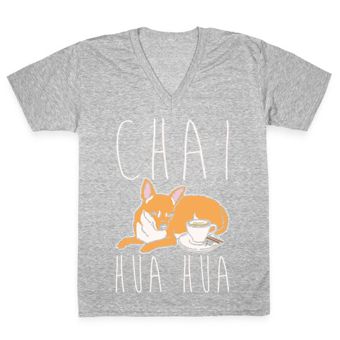 Chai Hua Hua Chihuahua Parody White Print V-Neck Tee Shirt