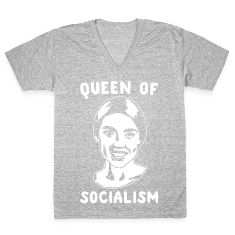 Queen of Socialism Alexandria Ocasio Cortez White Print V-Neck Tee Shirt