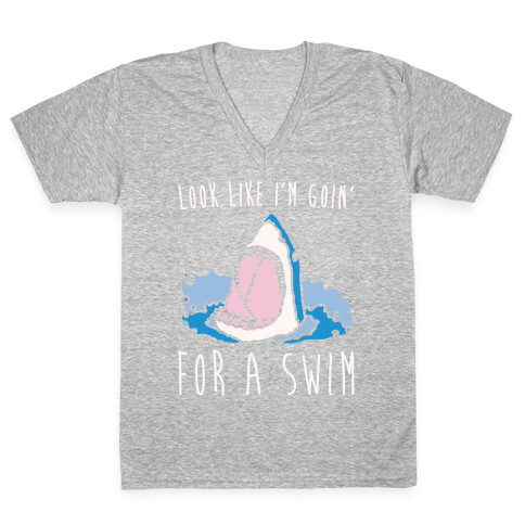 Look Like I'm Goin' For A Swim Shark Parody White Print V-Neck Tee Shirt
