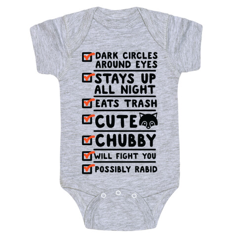 Raccoon Checklist Dark Circles Stays Up All Night Eats Trash Baby One-Piece