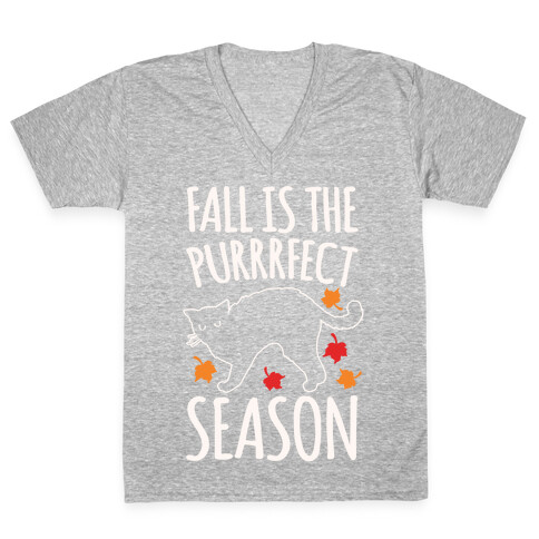 Fall Is The Purrrfect Season Cat Parody White Print V-Neck Tee Shirt