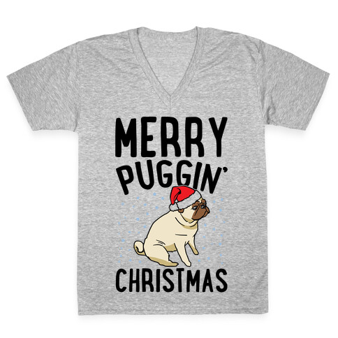 Merry Puggin' Christmas Pug  V-Neck Tee Shirt