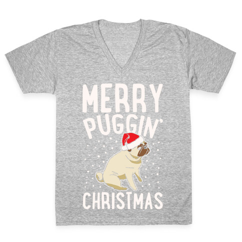 Merry Puggin' Christmas Pug White Print V-Neck Tee Shirt