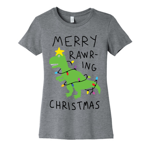 Merry Rawring Christmas Dinosaur Womens T-Shirt