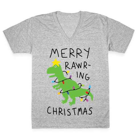 Merry Rawring Christmas Dinosaur V-Neck Tee Shirt