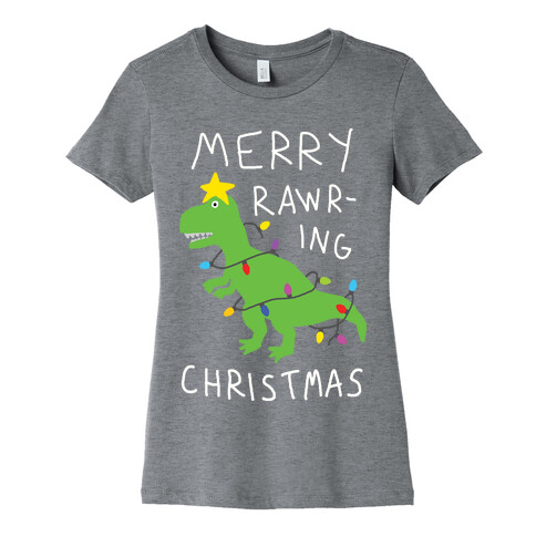 Merry Rawring Christmas Dinosaur Womens T-Shirt