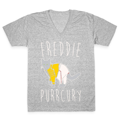 Freddie Purrcury Cat Parody White Print V-Neck Tee Shirt
