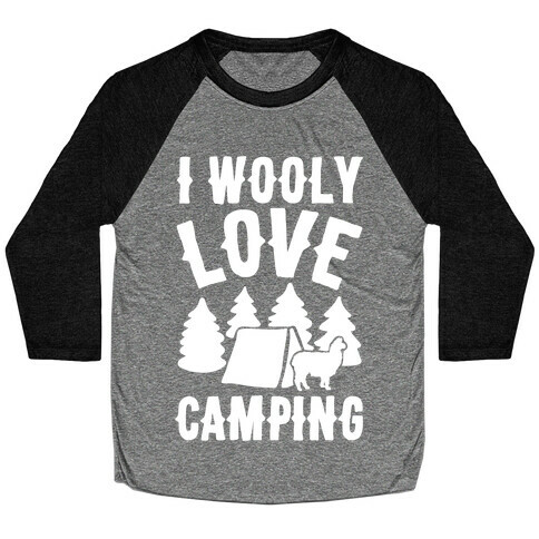 I Wooly Love Camping Alpaca Camping Parody White Print Baseball Tee