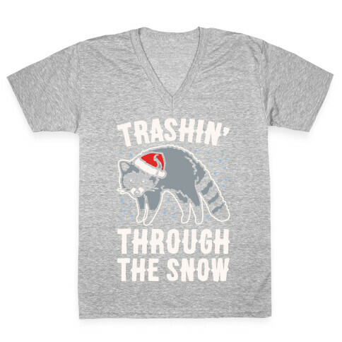 Trashin' Through The Snow Raccoon Parody White Print V-Neck Tee Shirt
