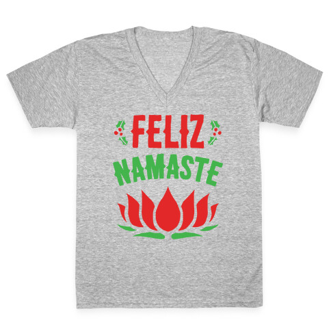 Feliz Namaste Parody White Print V-Neck Tee Shirt