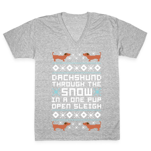 Dachshund Through The Snow In a One Pup Open Sleigh V-Neck Tee Shirt