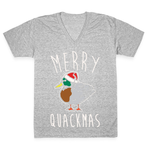 Merry Quackmas Duck Christmas Parody White Print V-Neck Tee Shirt