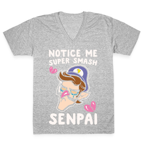 Notice Me Super Smash Senpai Parody White Print V-Neck Tee Shirt