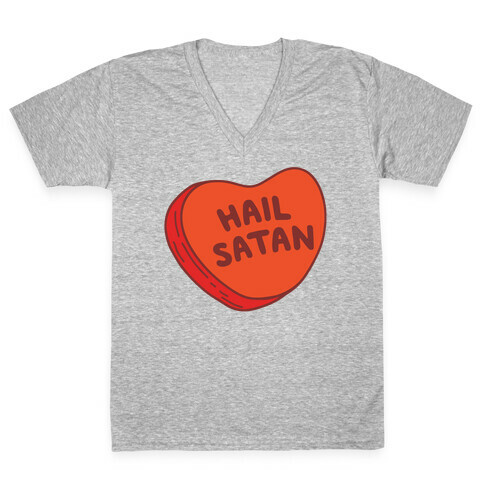 Hail Satan Conversation Heart Valentine's Parody White Print V-Neck Tee Shirt