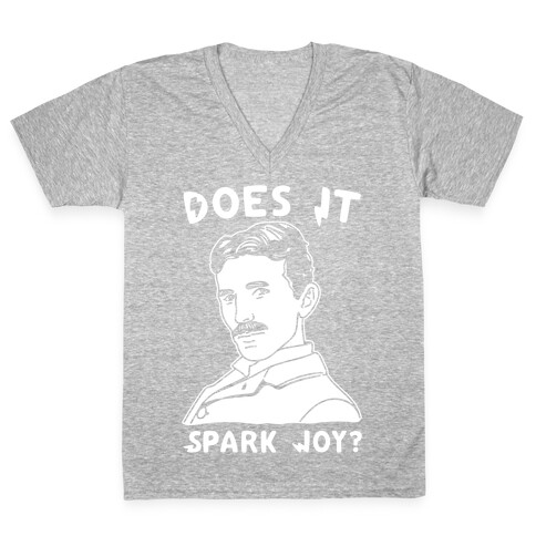 Does It Spark Joy Tesla Parody White Print V-Neck Tee Shirt