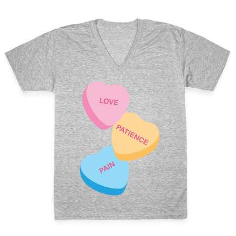 Love, Patience, Pain Candy Hearts (Thank U, Next Parody) V-Neck Tee Shirt