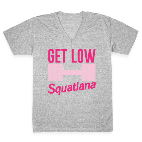 Get Low Squatiana Parody White Print V-Neck Tee Shirt