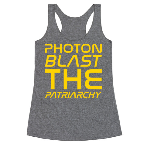 Photon Blast The Patriarchy Parody White Print Racerback Tank Top