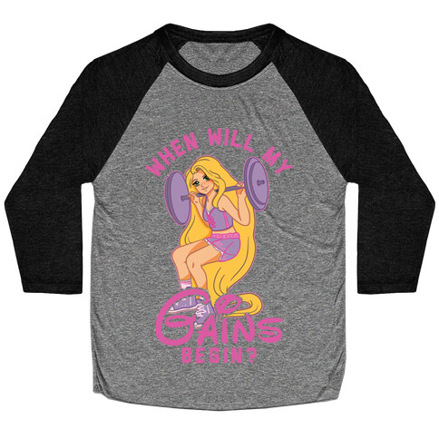 When Will My Gains Begin Rapunzel Parody Baseball Tee