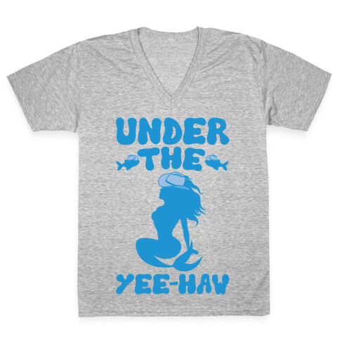Under The Yee-Haw Under The Sea Country Mermaid Parody White Print V-Neck Tee Shirt
