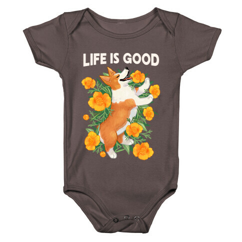 Life is Good (Corgi in California Poppies) Baby One-Piece