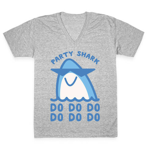 Party Shark Parody White Print V-Neck Tee Shirt