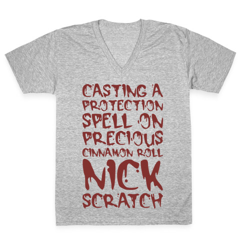 Casting A Protection Spell On Precious Cinnamon Roll Nick Scratch Parody V-Neck Tee Shirt