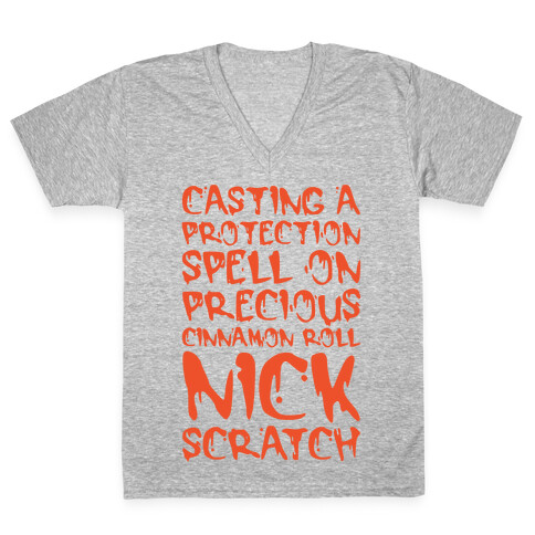 Casting A Protection Spell On Precious Cinnamon Roll Nick Scratch Parody White Print V-Neck Tee Shirt