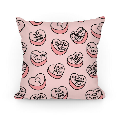 Feminist Conversation Hearts (Pink) Pillow