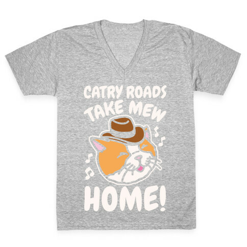 Catry Roads Take Mew Home Parody White Print V-Neck Tee Shirt