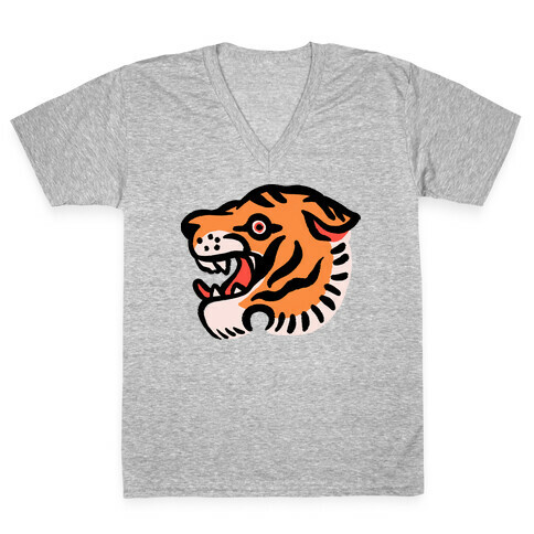 Old School Tiger Tattoo Head V-Neck Tee Shirt