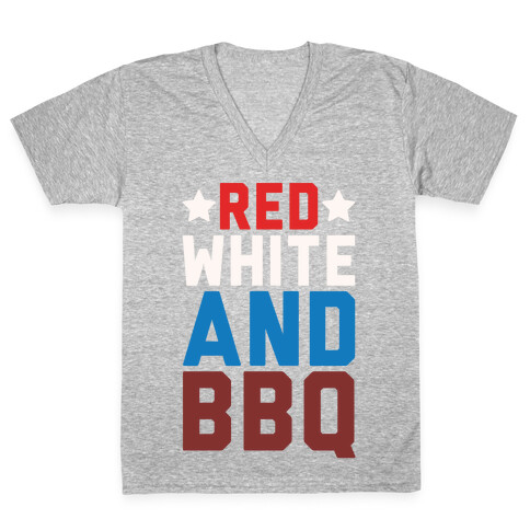 Red White And BBQ White Print V-Neck Tee Shirt