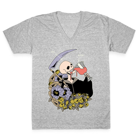 Me Wine Grim Reaper Drinking V-Neck Tee Shirt