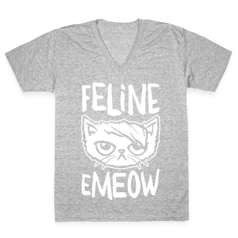 Feline Emeow White Print V-Neck Tee Shirt