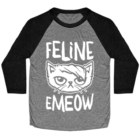 Feline Emeow White Print Baseball Tee