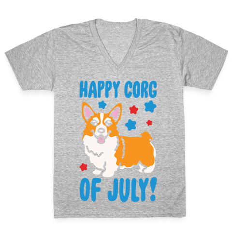 Happy Corg Of July Parody White Print V-Neck Tee Shirt