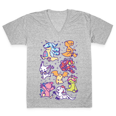 Digital Monsters Pattern V-Neck Tee Shirt